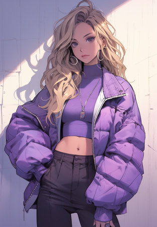 Blond woman posing in purple jacket and skirt, in the style of surrealistic urban, high-angle, grunge chic, electric color, citypunk. In style of color sketch. Made with generative AIの素材