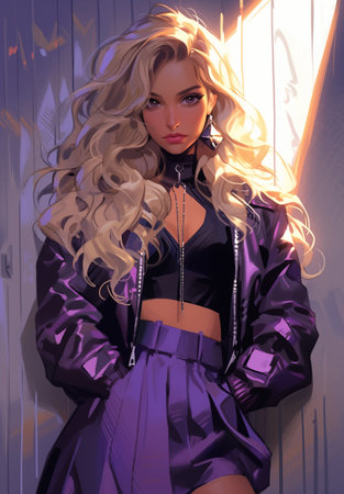 Blond woman posing in purple jacket and skirt, in the style of surrealistic urban, high-angle, grunge chic, electric color, citypunk. In style of color sketch. Made with generative AIの素材