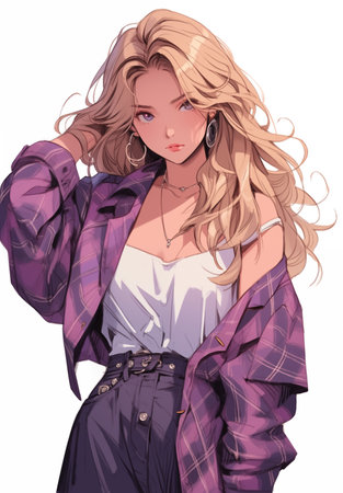 Blond woman posing in purple jacket and skirt, in the style of surrealistic urban, high-angle, grunge chic, electric color, citypunk. In style of color sketch. Made with generative AIの素材