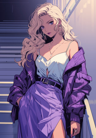 Blond woman posing in purple jacket and skirt, in the style of surrealistic urban, high-angle, grunge chic, electric color, citypunk. In style of color sketch. Made with generative AIの素材