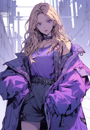 Blond woman posing in purple jacket and skirt, in the style of surrealistic urban, high-angle, grunge chic, electric color, citypunk. In style of color sketch. Made with generative AIの素材