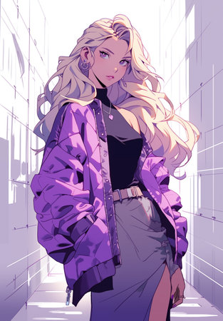 Blond woman posing in purple jacket and skirt, in the style of surrealistic urban, high-angle, grunge chic, electric color, citypunk. In style of color sketch. Made with generative AIの素材