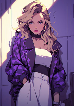 Blond woman posing in purple jacket and skirt, in the style of surrealistic urban, high-angle, grunge chic, electric color, citypunk. In style of color sketch. Made with generative AIの素材