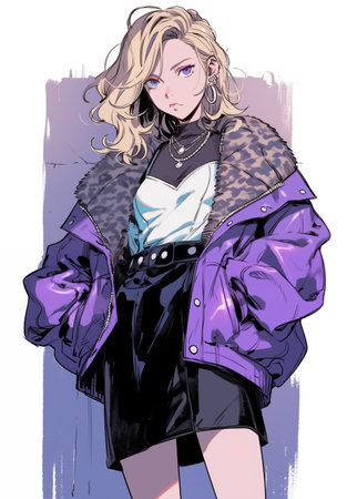 Blond woman posing in purple jacket and skirt, in the style of surrealistic urban, high-angle, grunge chic, electric color, citypunk. In style of color sketch. Made with generative AIの素材