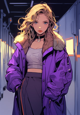 Blond woman posing in purple jacket and skirt, in the style of surrealistic urban, high-angle, grunge chic, electric color, citypunk. In style of color sketch. Made with generative AIの素材