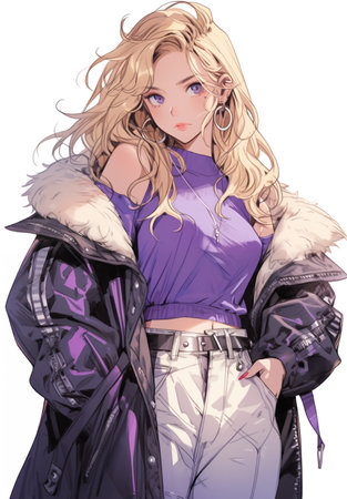 Blond woman posing in purple jacket and skirt, in the style of surrealistic urban, high-angle, grunge chic, electric color, citypunk. In style of color sketch. Made with generative AIの素材