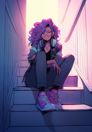 Woman posing in purple jacket and skirt, in the style of surrealistic urban, high-angle, grunge chic, electric color, citypunk. In style of color sketch. Made with generative AIの素材