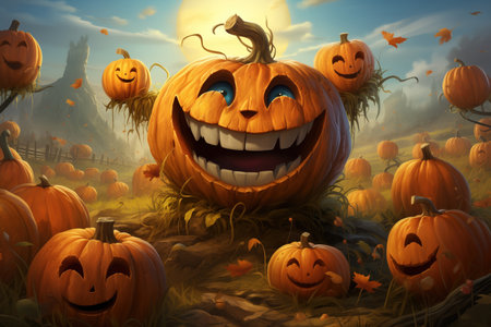 Colorful halloween illustration with carved. pumpkins Made with Generative AIの素材