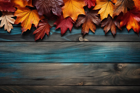 Autumn background layout with leaves on a blue wooden surface. Made with Generative AIの素材