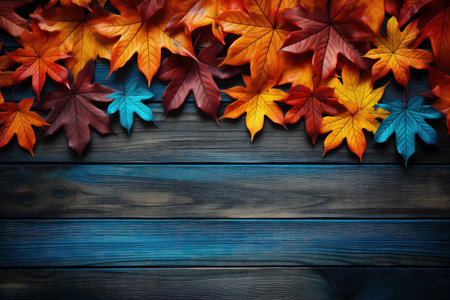 Autumn background layout with leaves on a blue wooden surface. Made with Generative AIの素材