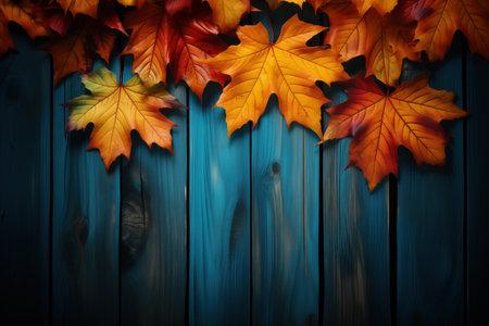 Autumn background layout with leaves on a blue wooden surface. Made with Generative AIの素材