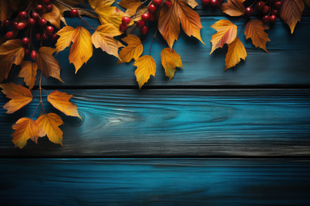 Autumn background layout with leaves and berries on a blue wooden surface. Made with Generative AIの素材