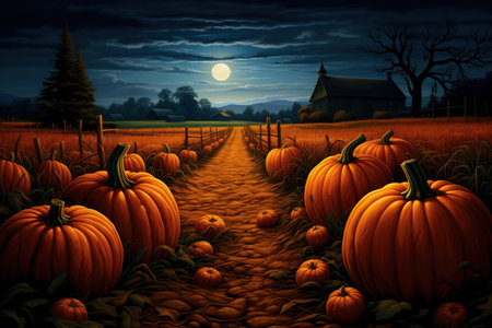 Beautiful pumpkin field illustration. Cartoon style. Made with Generative AIの素材