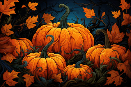 Beautiful pumpkin field illustration. Cartoon style. Made with Generative AIの素材