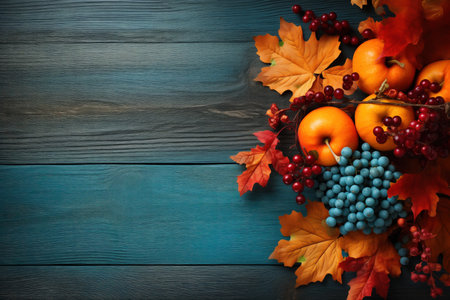 Thanksgiving background layout. Blue wooden surface, pumpkins, orange, mandarins, berries and autumn leaves. Made with Generative AIの素材