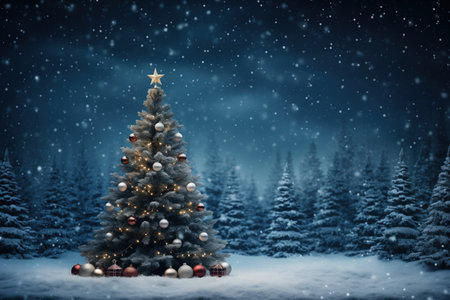 Blue atmospheric christmas and new year celebration illustration with empty space for product presentation and text. Template made with Generative AIの素材