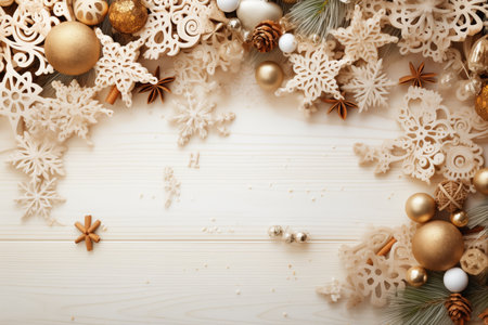 Vintage style Christmas background, flat lay winter header: cristmas decoration with copy spaceの素材