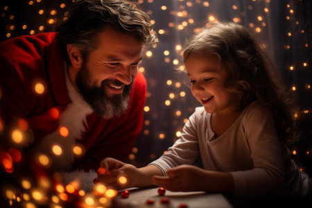 Father and daughter spending christmas time happily. They smiling and decorate home. Made with Generative AIの素材