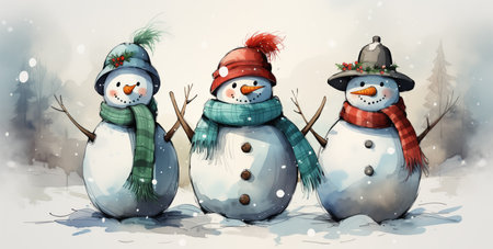 Cute cartoon happy smiling snowman in hat, isolated on white. Made with Generative AIの素材