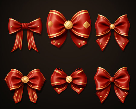 Beautiful bows for present package and gifts, gold and red. Made with Generative Aiの素材