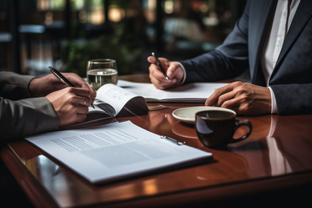 Male businessman sign a business agreement. No face or hands in the frame. Made with Generative AIの素材