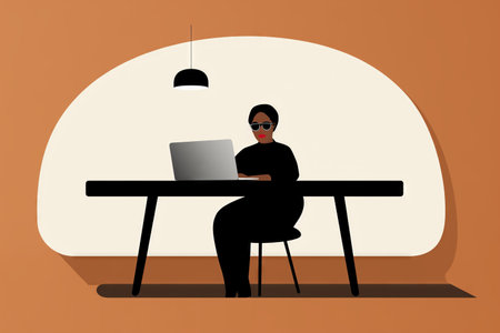 Beautiful African-American woman working with the laptop at the desk office. Simple flat style. Made with Generative AIの素材