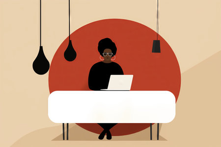 Beautiful African-American woman working with the laptop at the desk office. Simple flat style. Made with Generative AIの素材