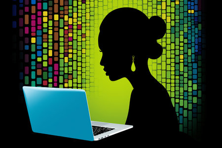 African-American woman working with the laptop in home office. Abstract illustration with blue and green colors. Made with Generative AIの素材