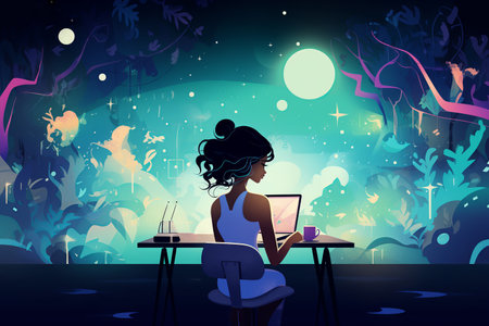 African-American woman freelancer working with the laptop in home office. Cartoon illustration.の素材