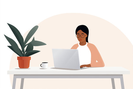 African-American woman freelancer working with the laptop in home office. Cartoon simple flat illustration. Made with Generative AIの素材