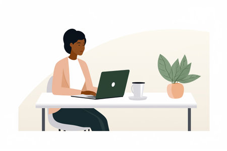 African-American woman freelancer working with the laptop in home office. Cartoon simple flat illustration. Made with Generative AIの素材