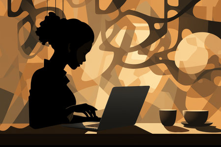African-American woman freelancer working with the laptop in home office. Cartoon simple flat illustration. Made with Generative AIの素材