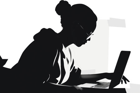 African-American woman freelancer working with the laptop in home office. Cartoon simple flat illustration. Made with Generative AIの素材