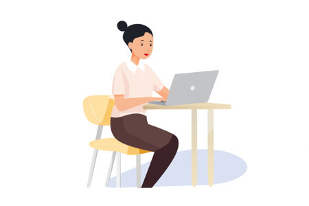 African-American woman freelancer working with the laptop in home office. Cartoon simple flat illustration. Made with Generative AIの素材