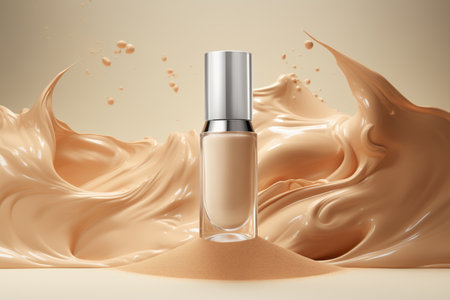 Liquid foundation in glass bottle, powder impact, liquid foundation impact, cosmetics presentation. Made with Generative AIの素材