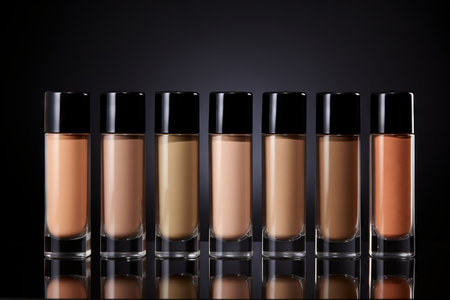 Liquid foundations in glass bottles, different skin colors and shade, make up swatches presentation. Made with Generative AIの素材