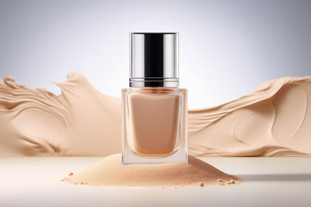 Liquid foundation in glass bottle, powder impact, liquid foundation impact, cosmetics presentation. Made with Generative AIの素材