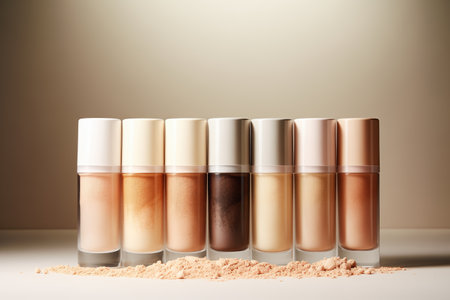 Liquid foundations in glass bottles, different skin colors and shade, make up swatches presentation. Made with Generative AIの素材