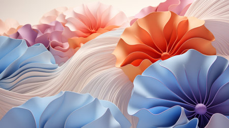 detailed flowershaped abstract of paper, in the style of minimalist color fields, futuristic chromatic waves, light violet and light orange, dimensional art. Made with Generative AIの素材