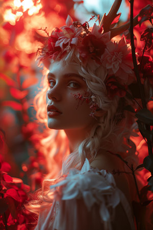 Beautiful young girl in Saint Valentines Day costume, cosplay, romantic portrait in pink colors. Made with Generative AIの素材