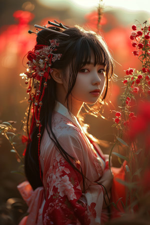 Beautiful young girl in Saint Valentines Day costume, cosplay, romantic portrait in pink colors. Made with Generative AIの素材