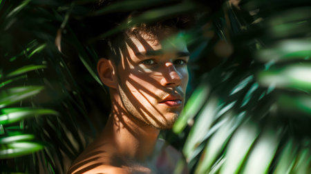 A portrait of a young, sun-kissed man surrounded by lush vegetation in the jungle.の素材