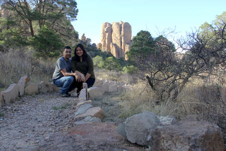 Latino adult couple travel through Zacatecas Mexico and meet Sierra de Organos in the municipality of Sombrerete, which are large rock formations and a desert climateの写真素材