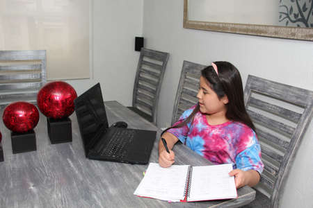Little Hispanic girl doing school at home with glasses and face masks due to the quarantine of the Covid-19 pandemic due to coronavirus protectionの写真素材