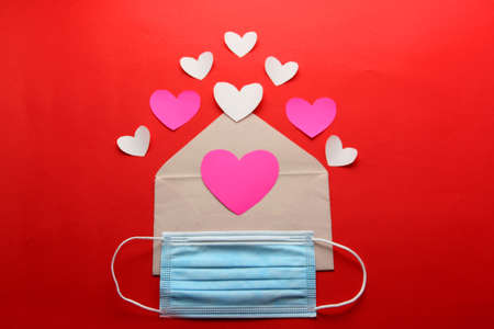 Valentine's Day in pandemic by covid-19, messages and love letters with protection mask clinical use...