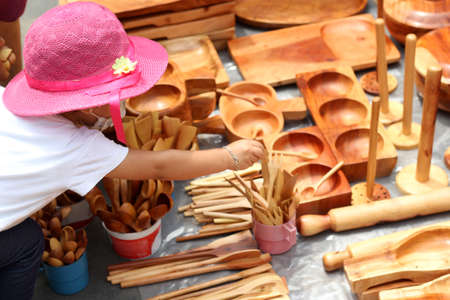 view handmade wooden kitchen utensilsの写真素材