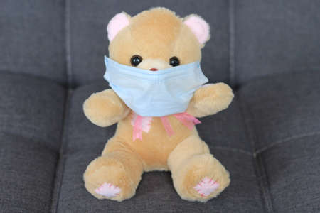 Teddy bear with protection mask clinical use for covid pandemic, gray backgroundの写真素材