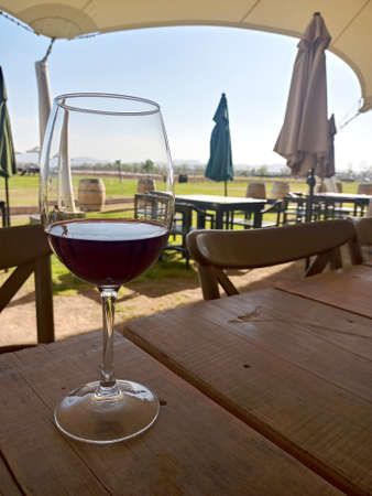 Enjoying a glass of red wine in the foreground with outdoor wooden picnic tables, umbrellas and wine...