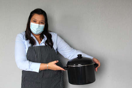 Latina waitress woman with protection mask and latex gloves working, new normality covid-19 in cafes...