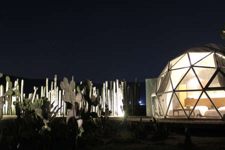 Glamping Geodesic Dome luxury camping tent amid cactus night viewの写真素材